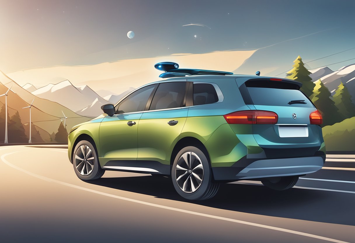 A car with a satellite GPS tracker attached to its exterior, with the satellite beaming signals to and from the car