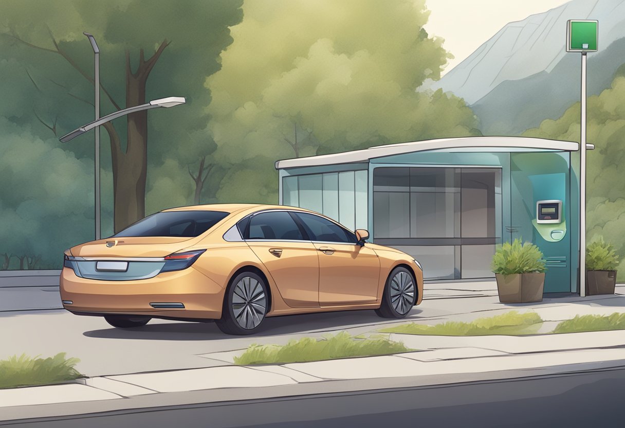 A car with a satellite GPS tracker installed, parked in a secure location with a privacy policy displayed nearby