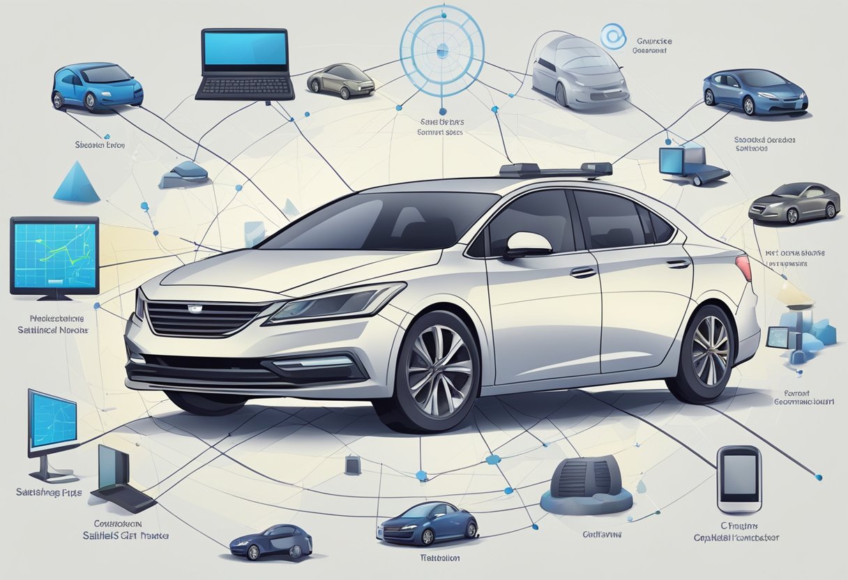 A car with a satellite GPS tracker, surrounded by network options and connectivity signals