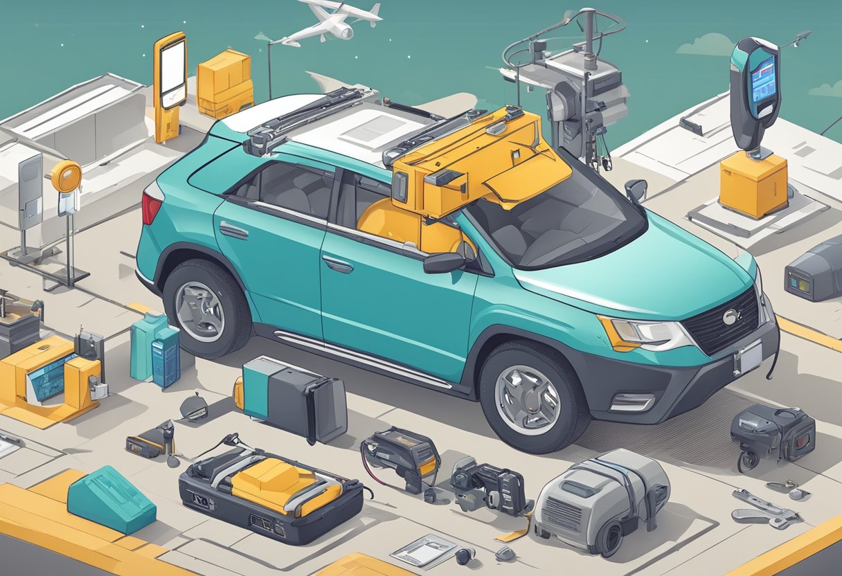 A satellite GPS tracker is attached to a car with accompanying accessories and resources nearby