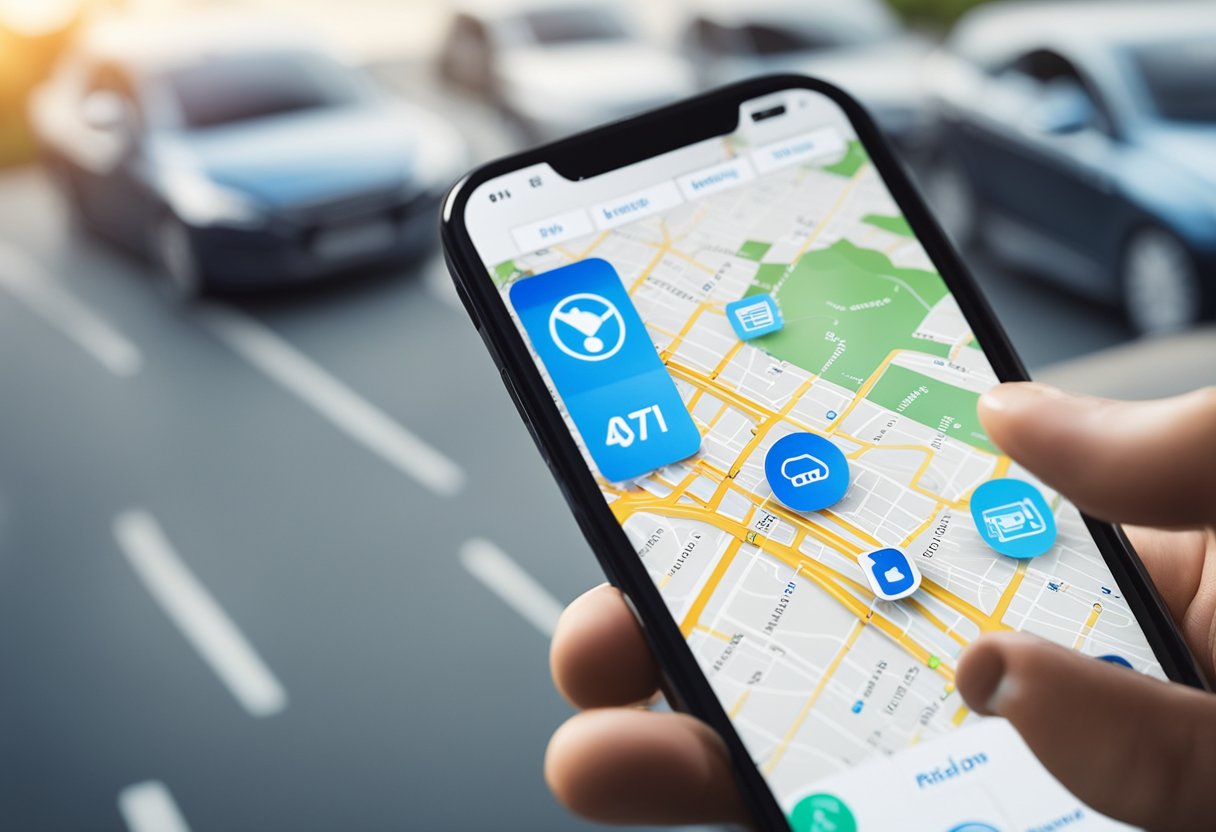 A smartphone displaying a fleet management app with multiple vehicles and real-time tracking features