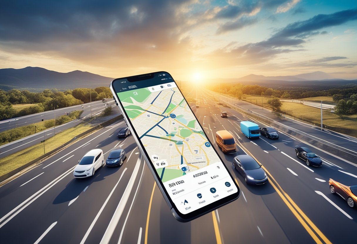 A smartphone displaying a fleet management app with a map of vehicles moving along routes, along with data and analytics charts