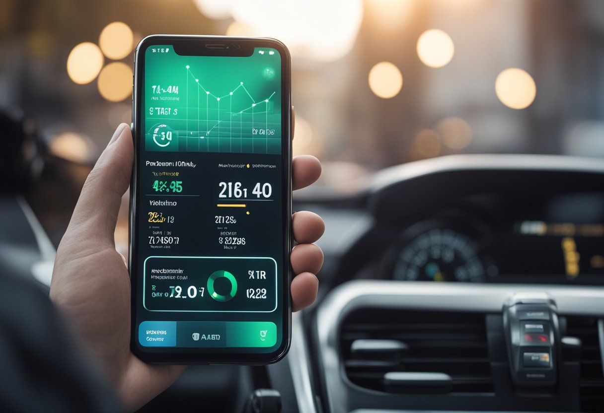A smartphone displaying a fleet management app with vehicle profiles, driver information, and real-time tracking features