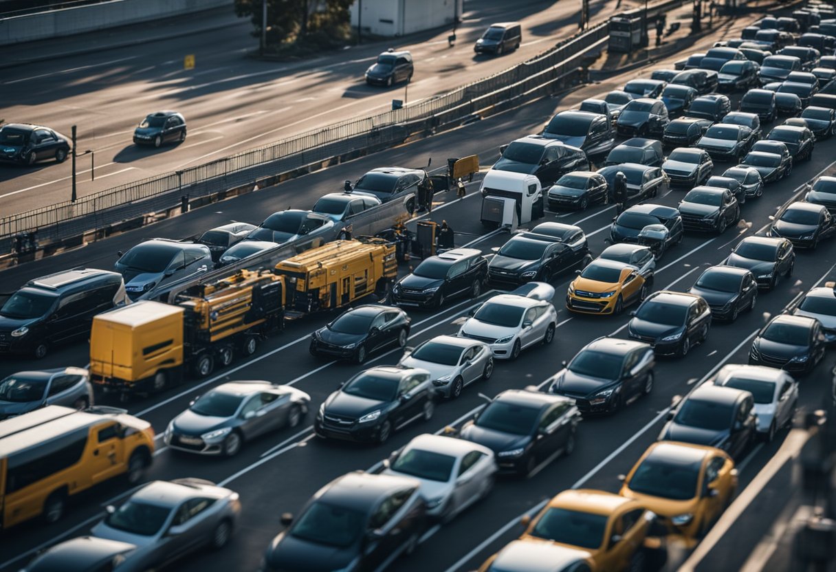 A fleet of vehicles being monitored and managed through a mobile app, with real-time tracking and data analysis features