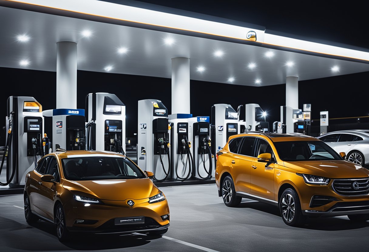A fleet of vehicles refueling at a modern fuel station equipped with advanced fuel management systems