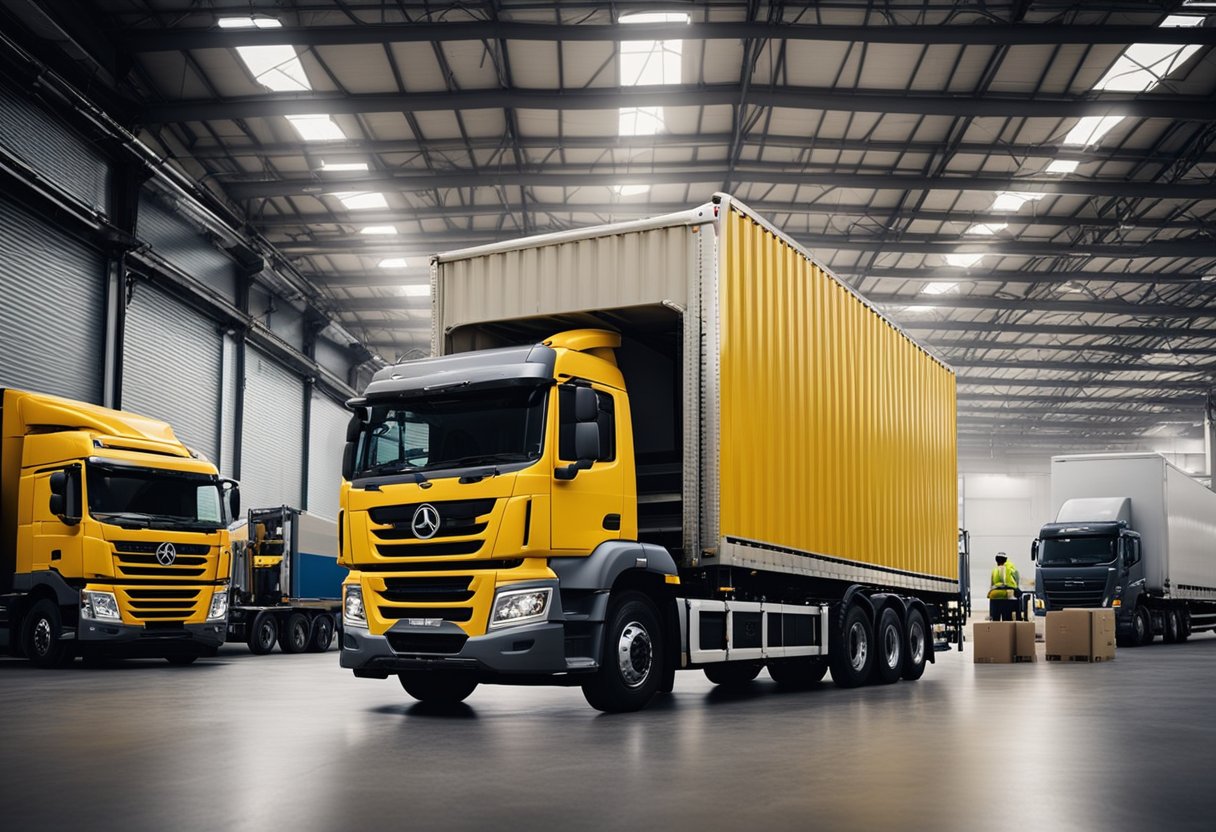 A busy warehouse with trucks loading and unloading cargo while workers oversee the logistics operations