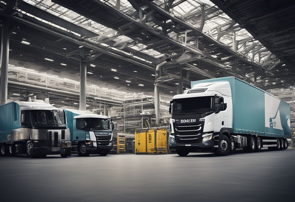 A fleet of trucks being loaded and unloaded at a bustling transportation hub, with workers directing the flow of goods