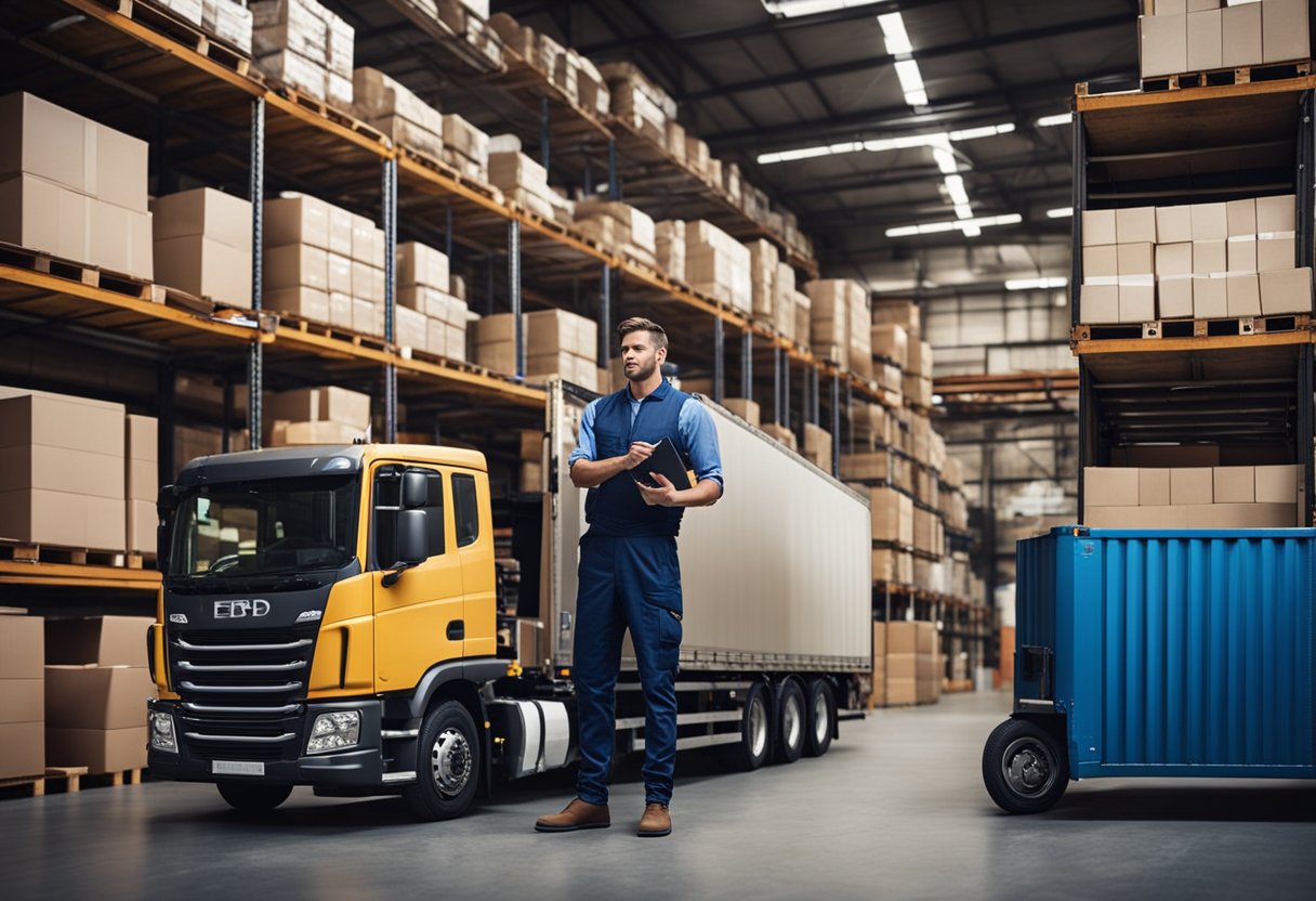 A truck driver unloading cargo at a warehouse, while a manager inspects the delivery with a satisfied expression
