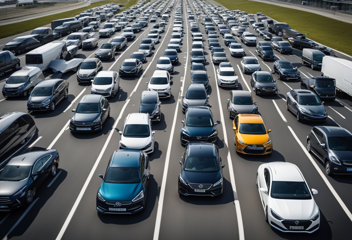 A group of vehicles on a road, each equipped with advanced fleet management software, optimizing their efficiency and performance