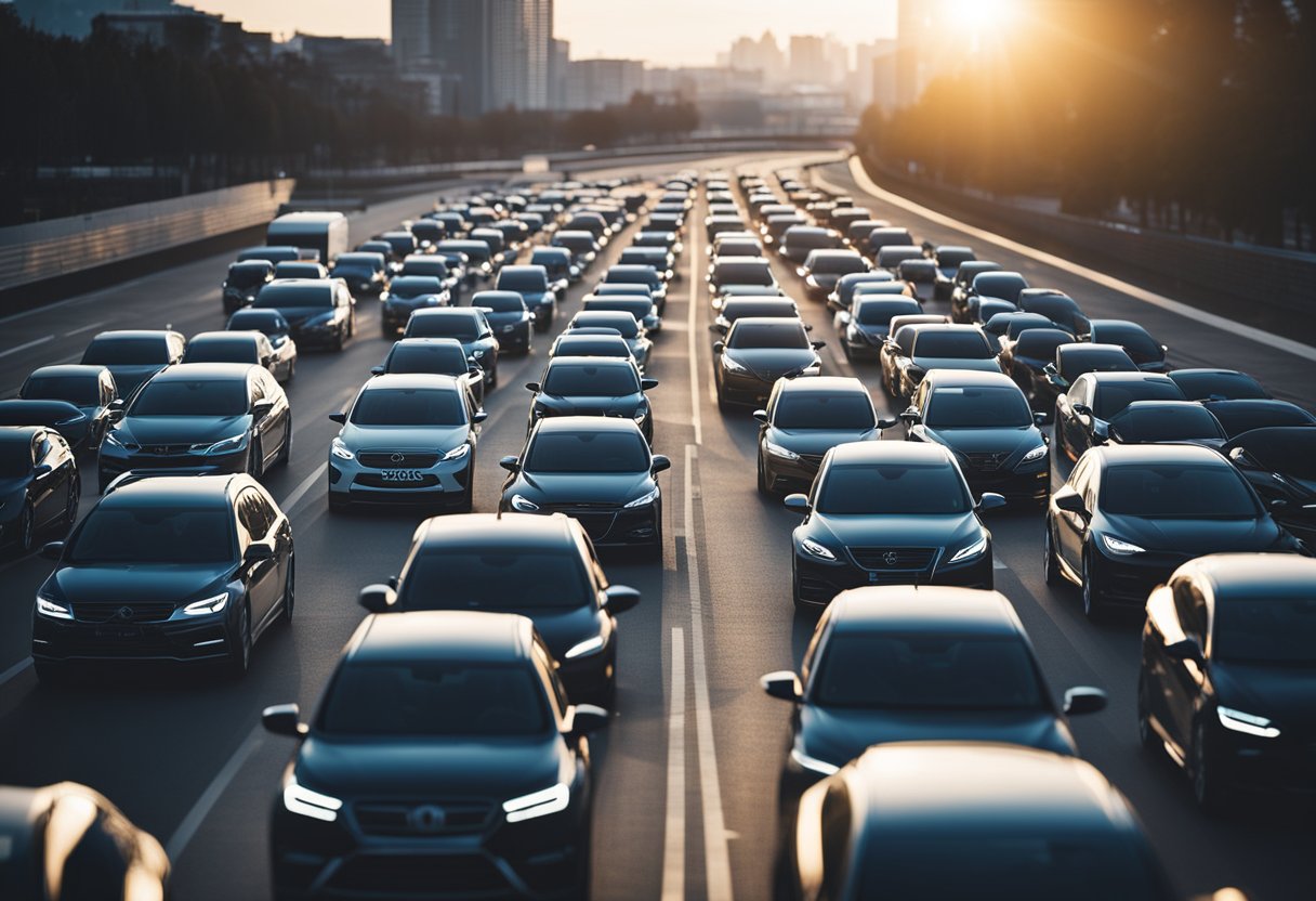 A fleet of modern vehicles being monitored and managed through advanced software, with data and analytics displayed on a computer screen
