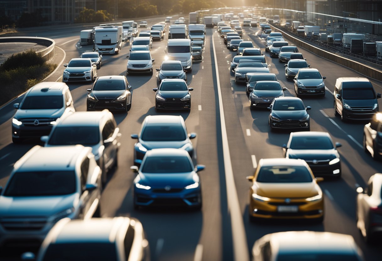 A fleet of vehicles on the road, with data being analyzed and optimized on a computer screen