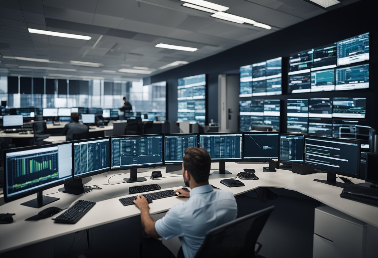 A modern office setting with a fleet of vehicles being managed and tracked through software on multiple computer screens
