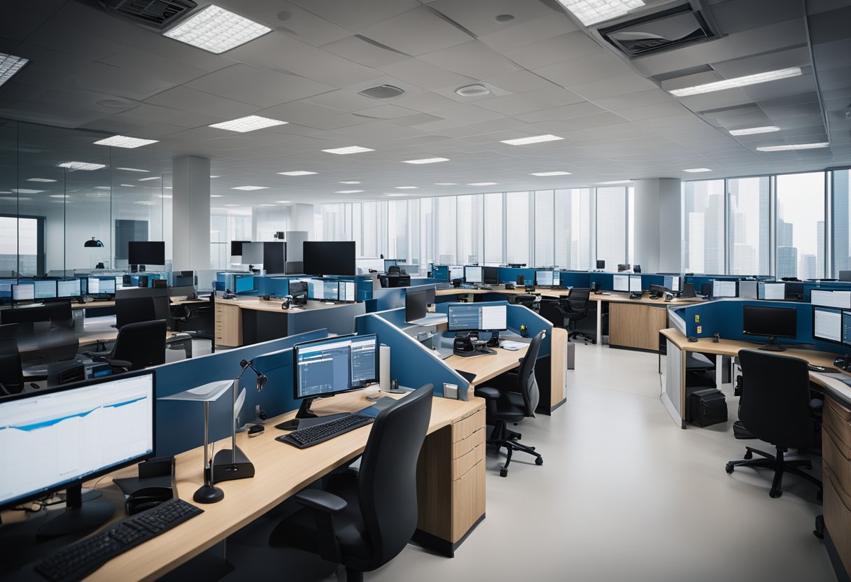 A modern office setting with a computer screen displaying a dashboard of vehicle fleet management software, surrounded by desks and chairs
