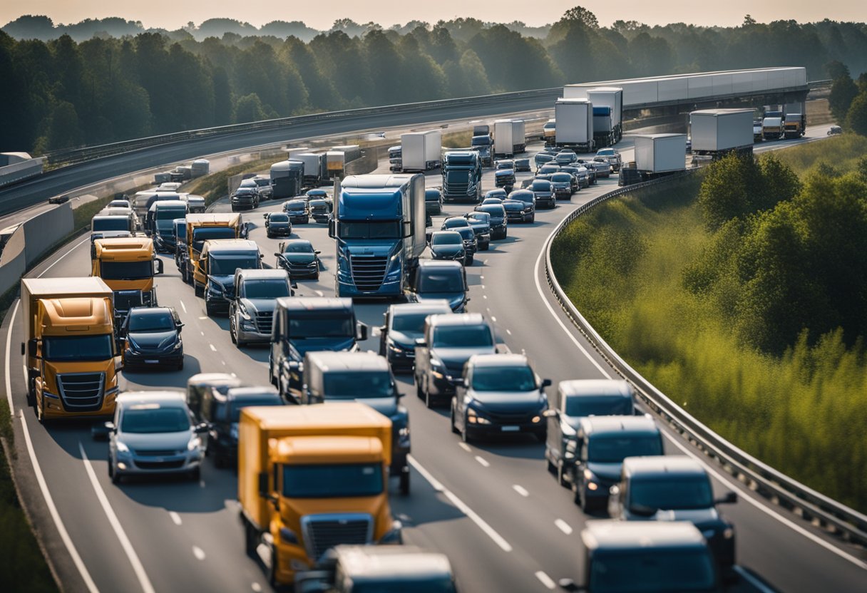 A fleet of trucks equipped with compliance and safety software on a busy highway