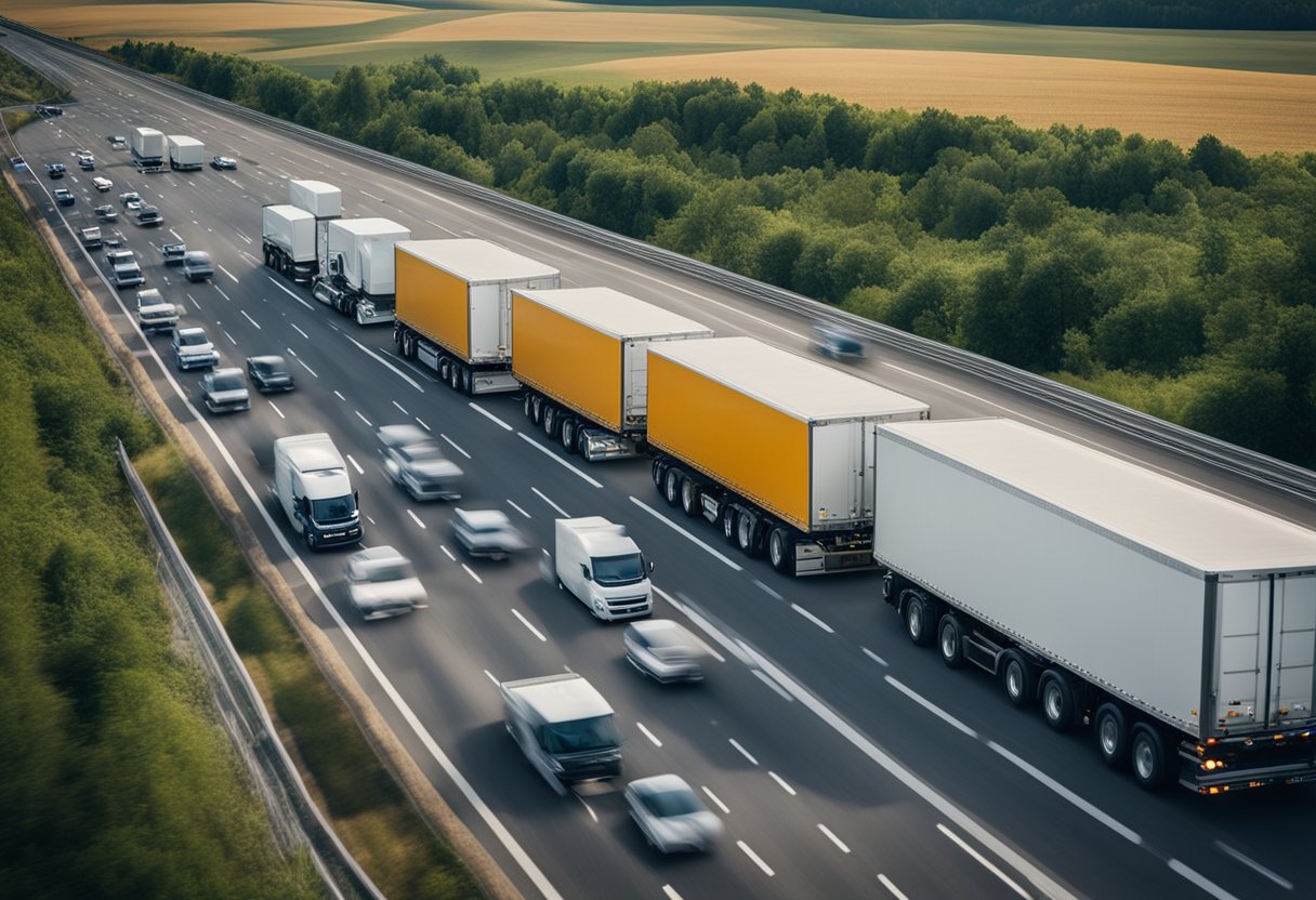 A fleet of trucks equipped with telematics devices, moving along a highway with real-time tracking software displaying their positions and status