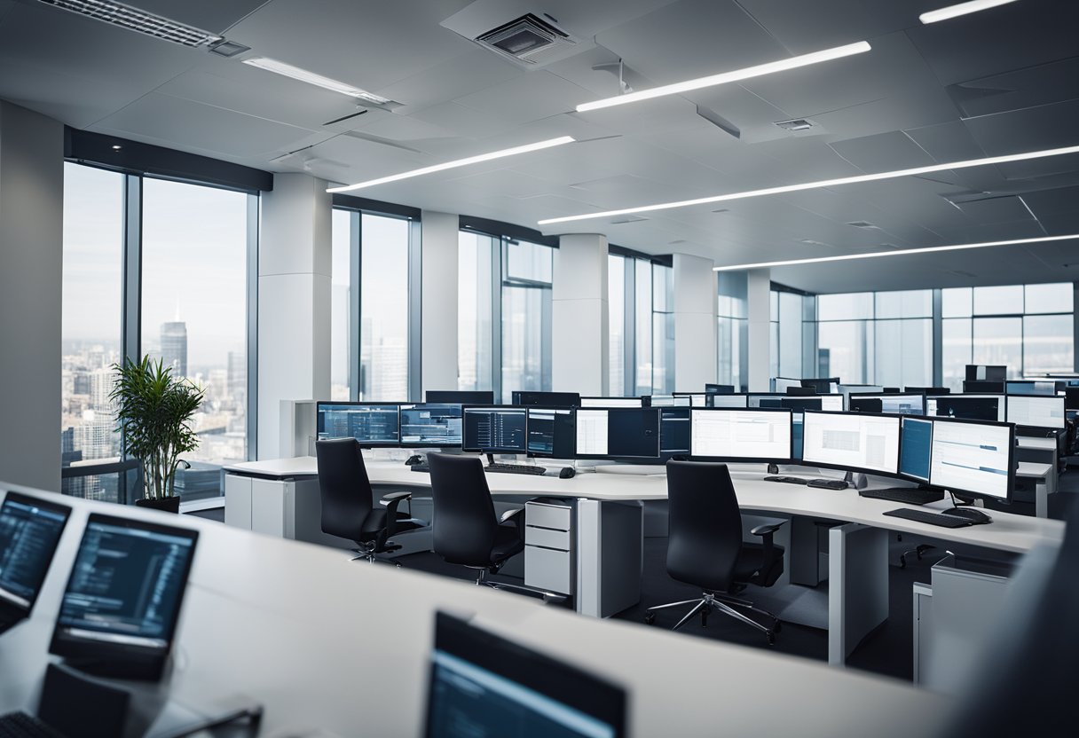 A sleek and modern office space with multiple computer screens displaying fleet lease management software. A team of professionals working efficiently and productively