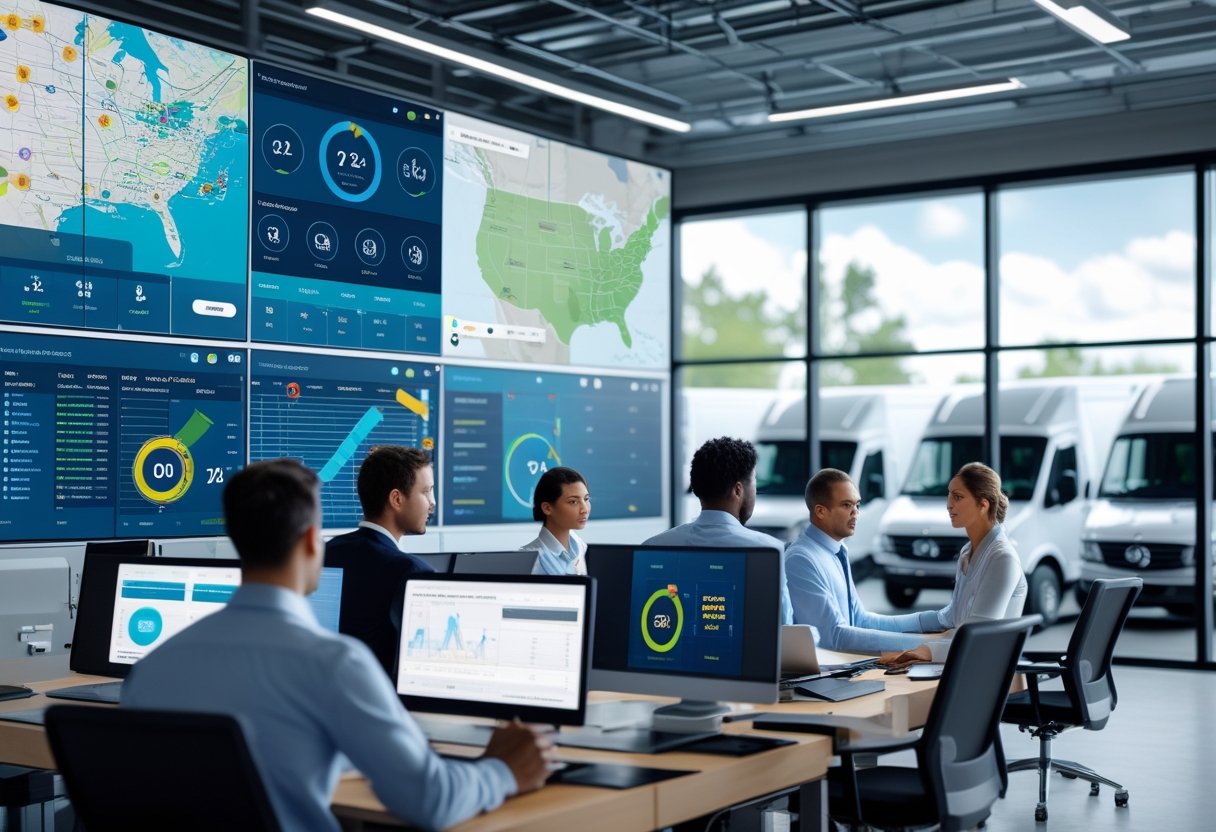 A team of professionals monitoring real-time fleet tracking data on multiple screens in a logistics control room with delivery vehicles visible outside.