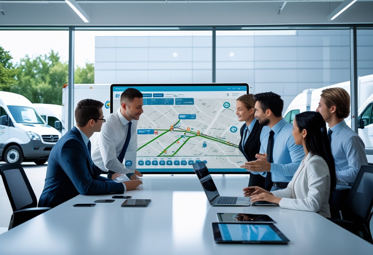 Business professionals collaborating around a digital map display showing vehicle routes and data in a modern office with delivery vehicles visible outside.