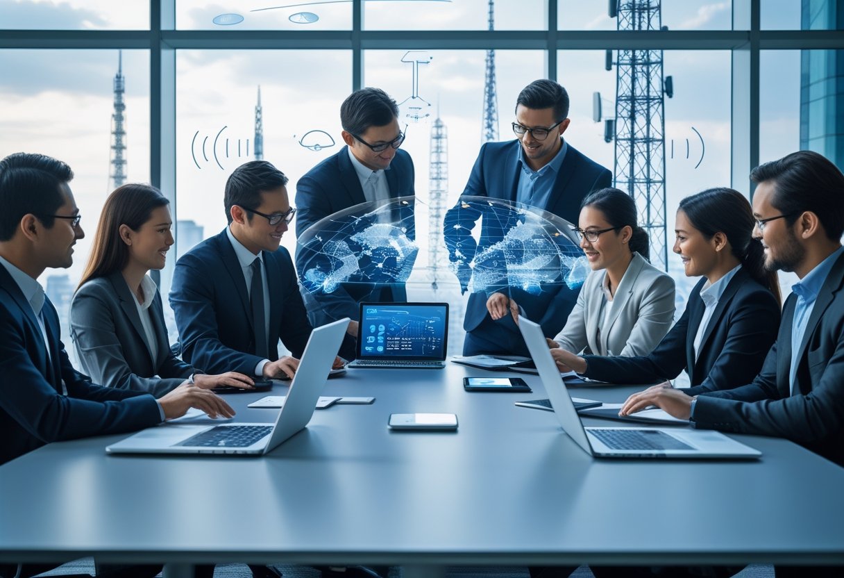 A group of professionals working together around a table with digital devices showing maps and data in a modern office with city views.