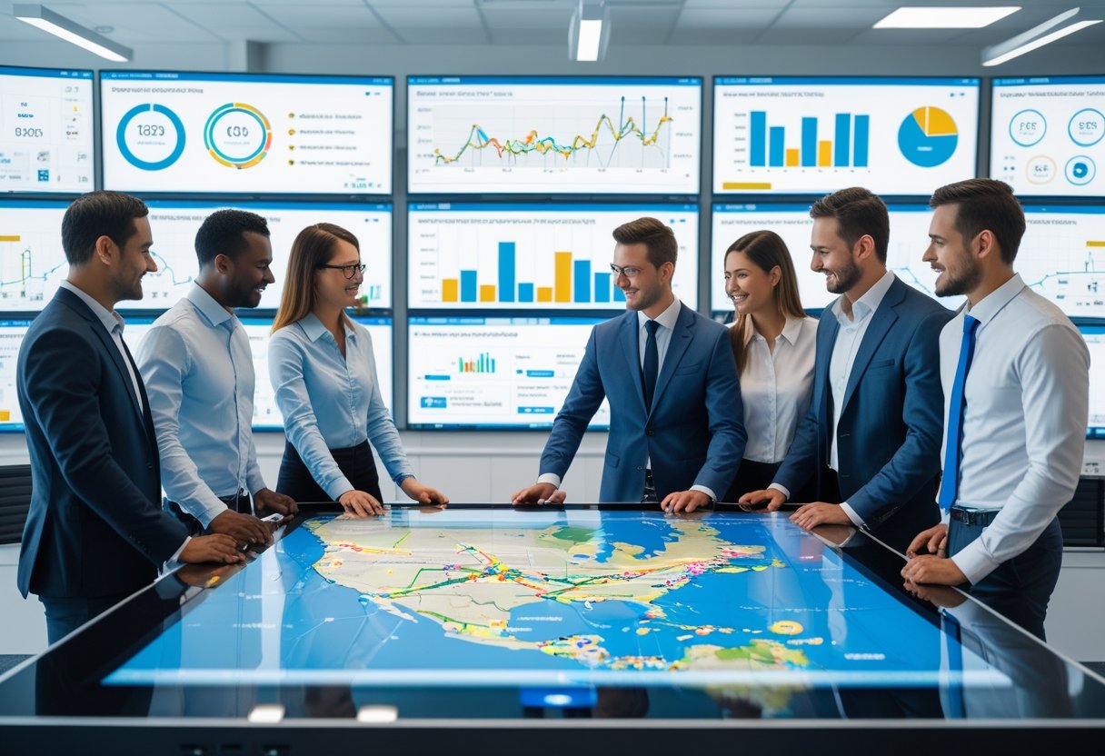 Business professionals collaborating around a digital touchscreen table displaying maps and vehicle routes in a modern office with multiple monitors showing data dashboards.
