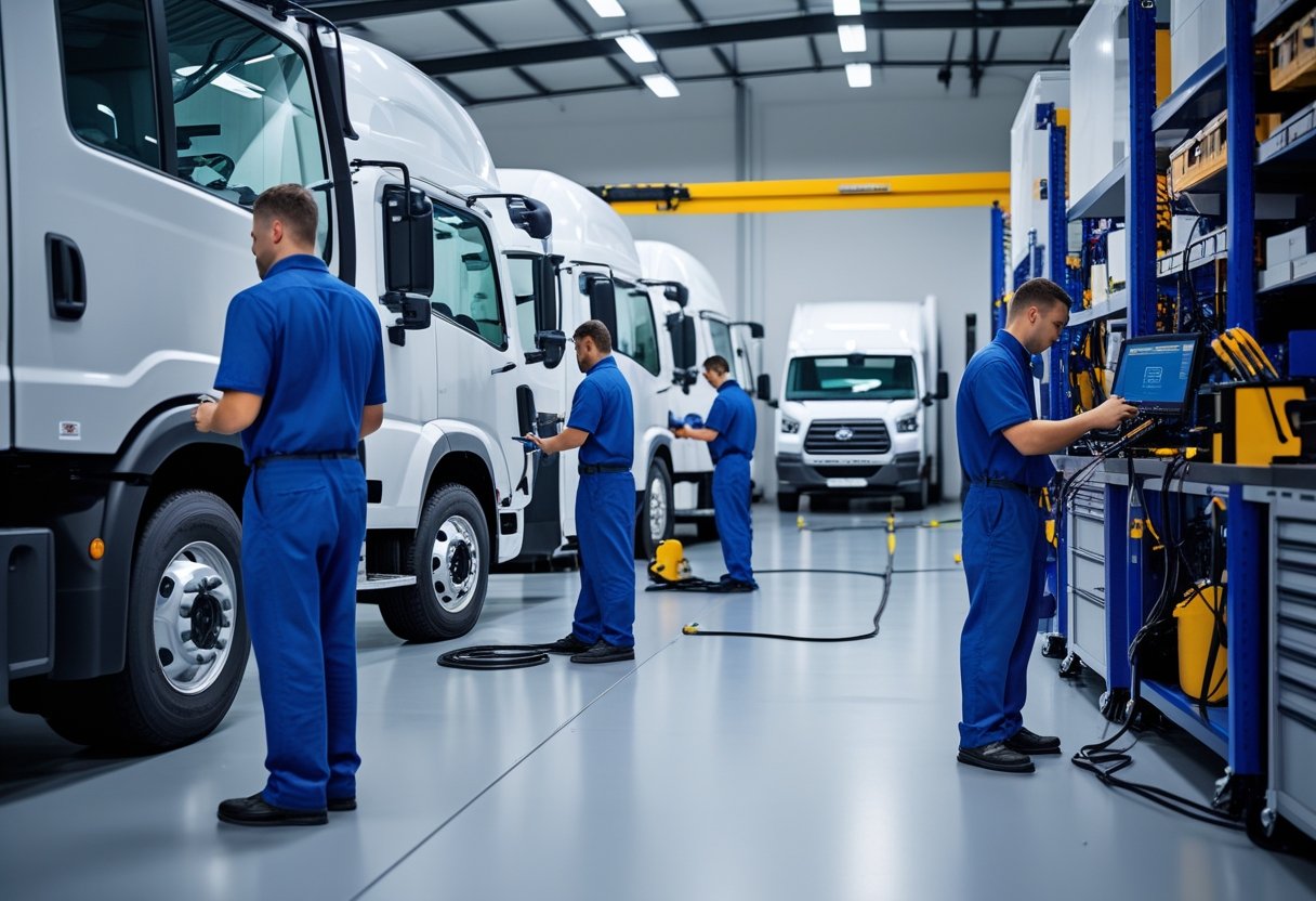 Mechanics working on commercial trucks inside a large maintenance garage with tools and equipment.