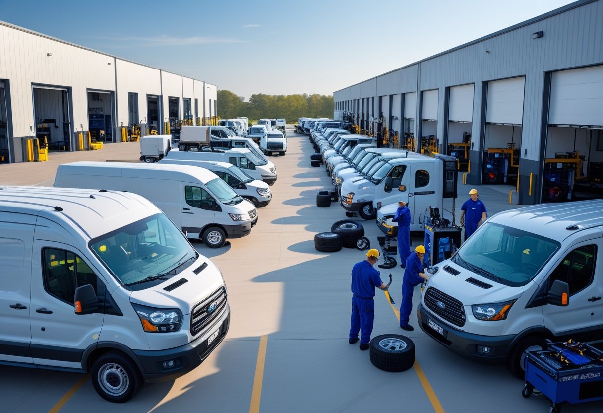Mechanics performing various maintenance tasks on a fleet of trucks and vans outside a modern maintenance facility.