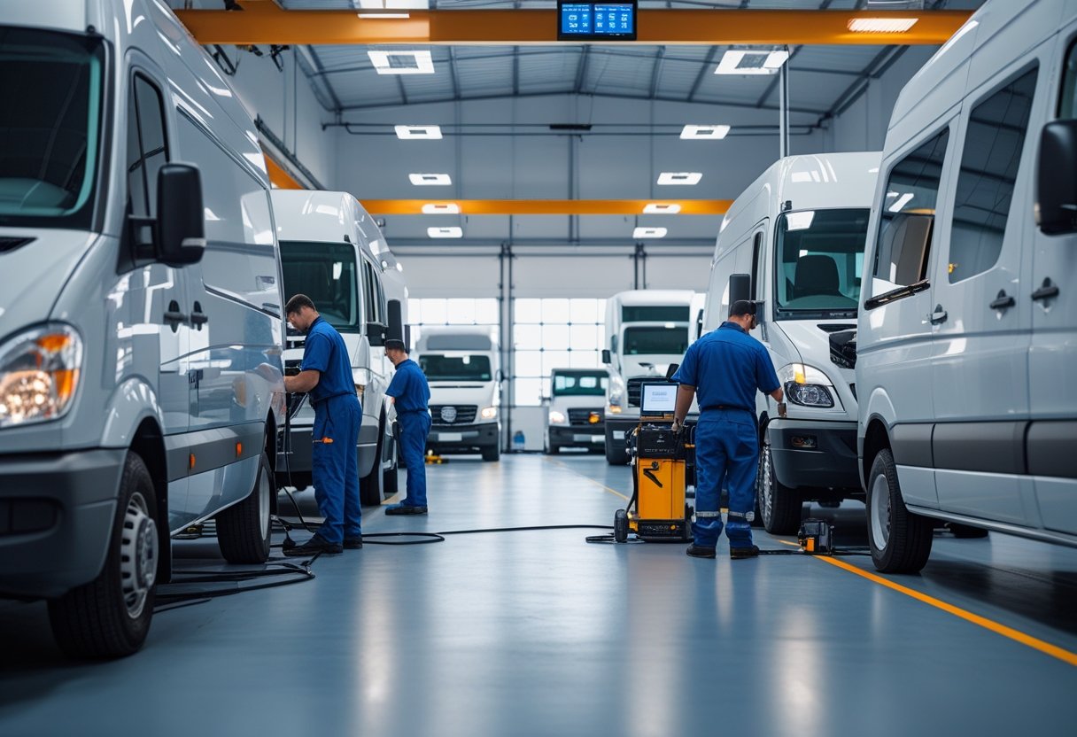 Mechanics performing maintenance on commercial vehicles in a clean service garage with tools and equipment.