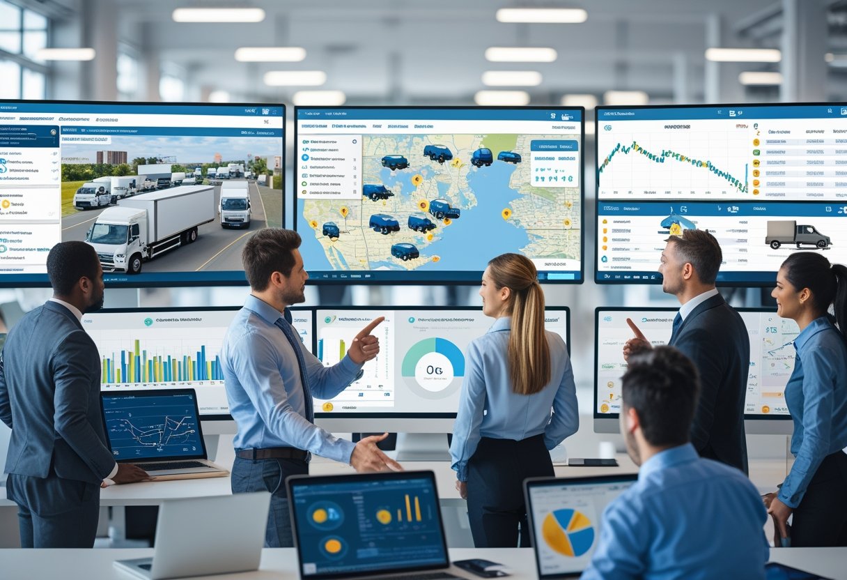 A group of professionals in an office analyzing real-time vehicle tracking maps and fleet performance data on multiple computer screens.