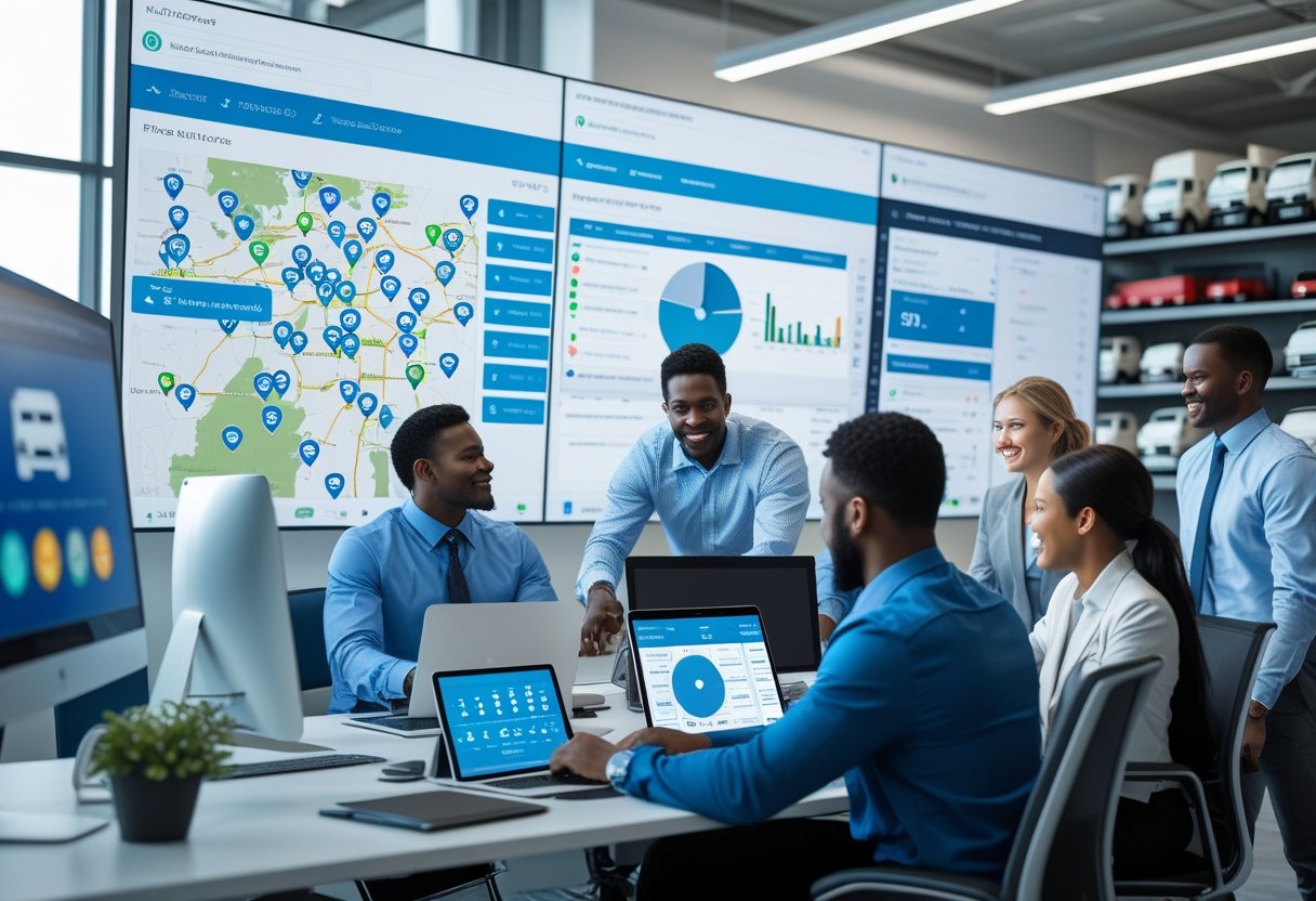 A team of professionals in an office monitoring digital maps and data on screens for managing a fleet of vehicles.