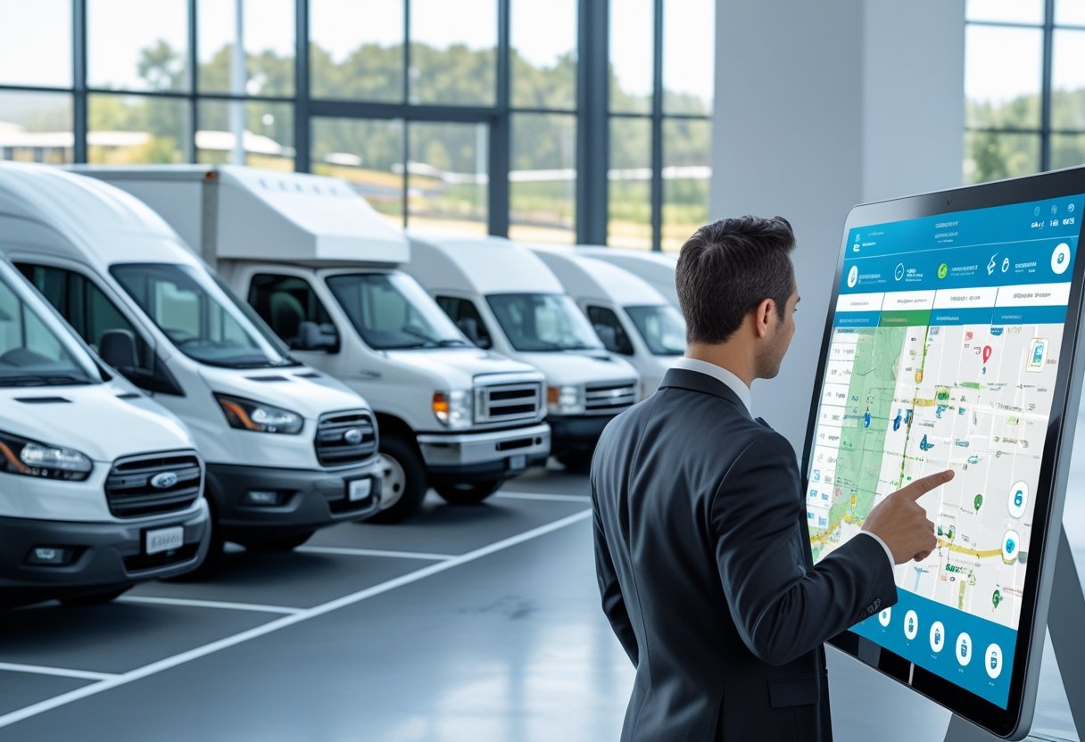 A business professional using a digital touchscreen displaying vehicle tracking data with a fleet of delivery vans and trucks parked outside in an organized lot.