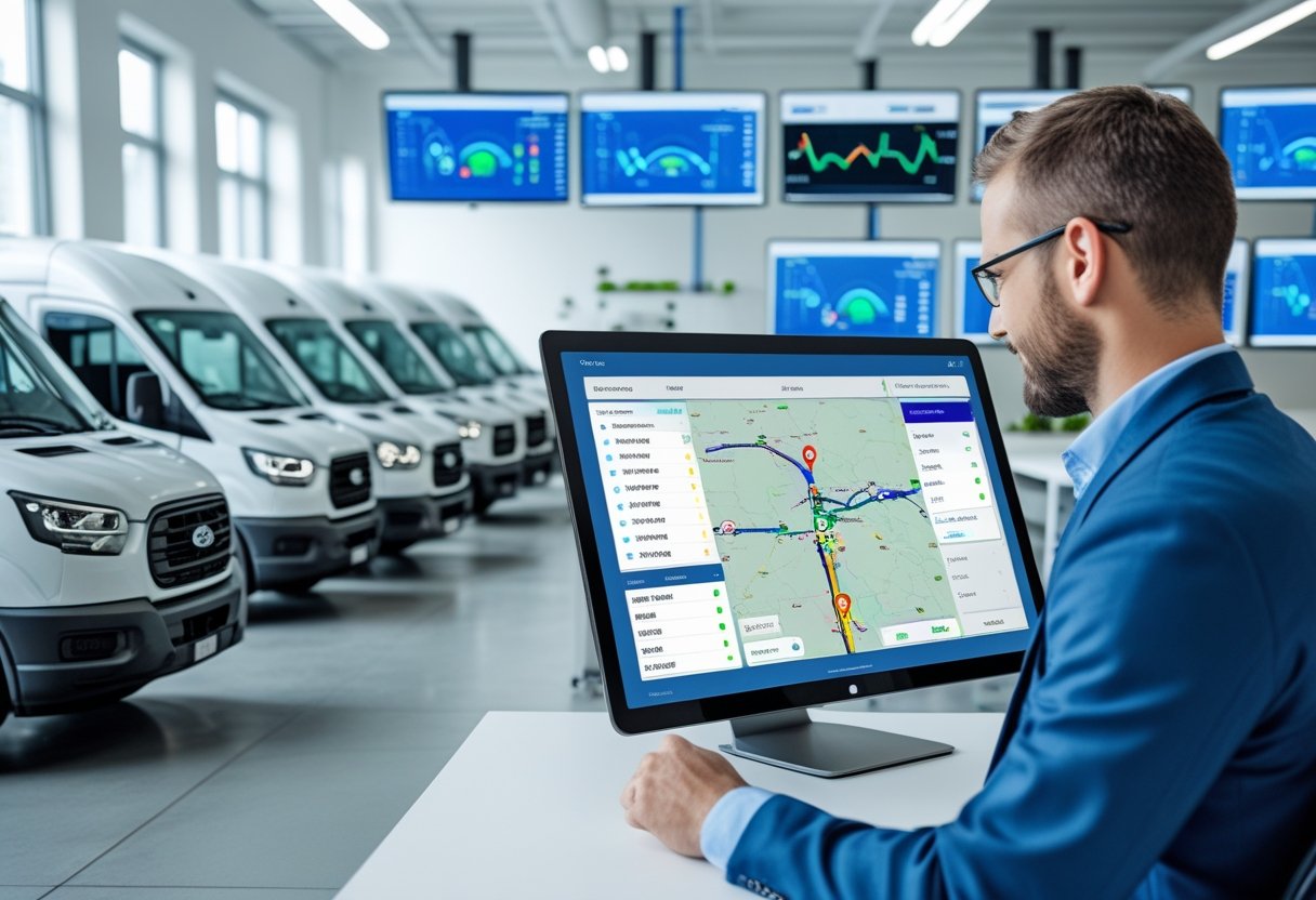 A fleet manager monitors a diverse group of vehicles using a digital touchscreen showing real-time maps and data in a modern office.