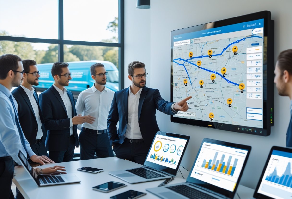 A group of professionals in an office analyzing a large digital map showing vehicle locations and routes as part of a fleet management system.