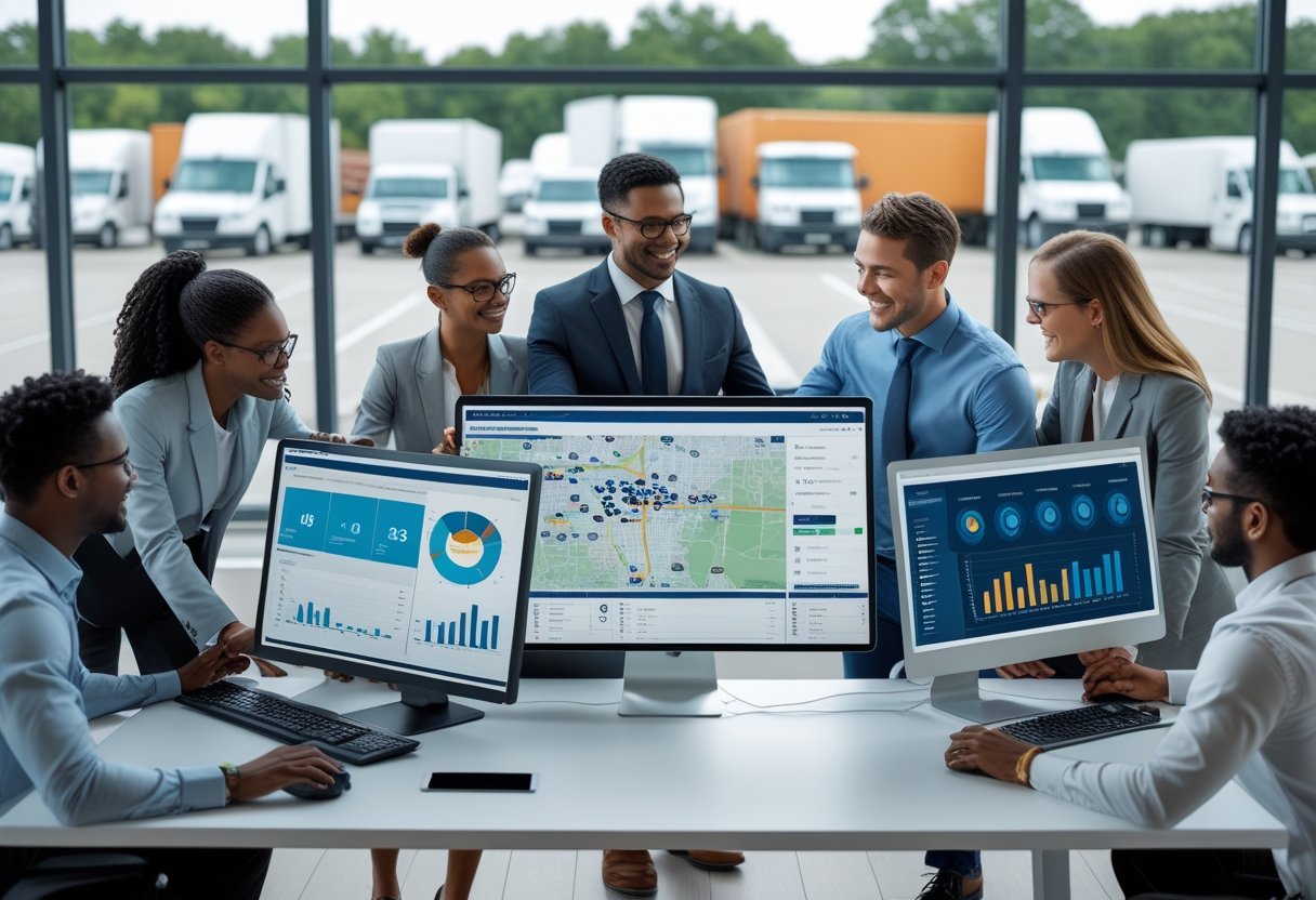 Business professionals working together in an office with digital maps and data screens showing vehicle locations and fleet information.