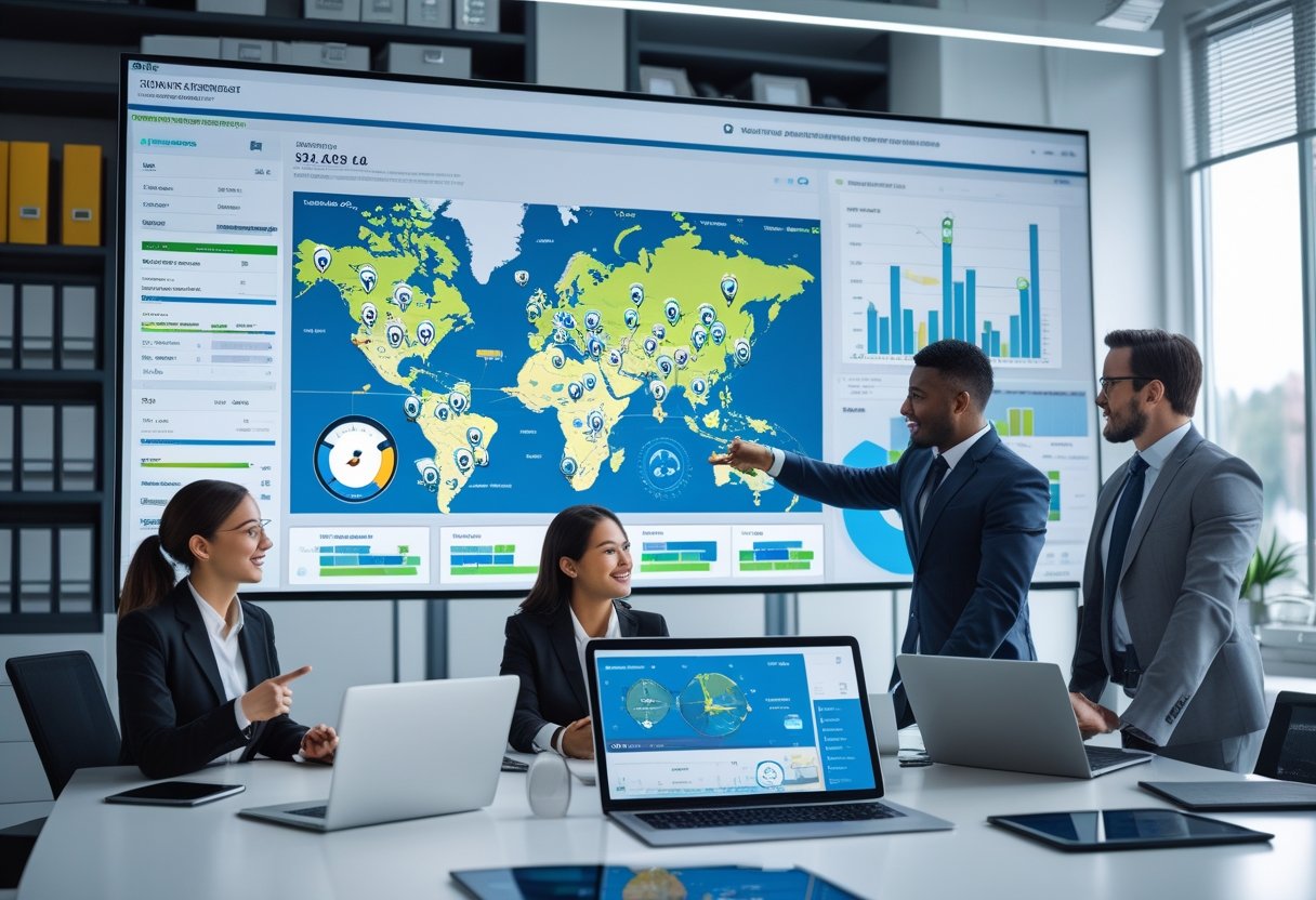 A team of professionals in an office reviewing a large digital dashboard showing vehicle locations, maps, and data charts related to fleet management.