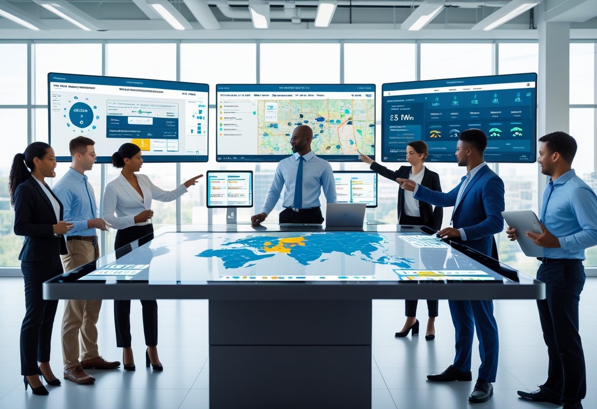 A team of professionals collaborating around digital screens showing vehicle tracking maps and data in a modern office setting.