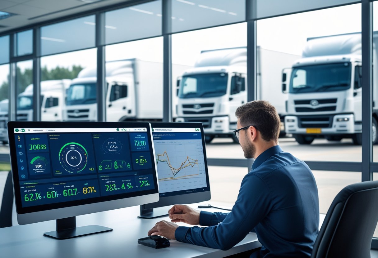 A fleet manager analyzing vehicle data on multiple screens with commercial trucks visible outside a modern office.