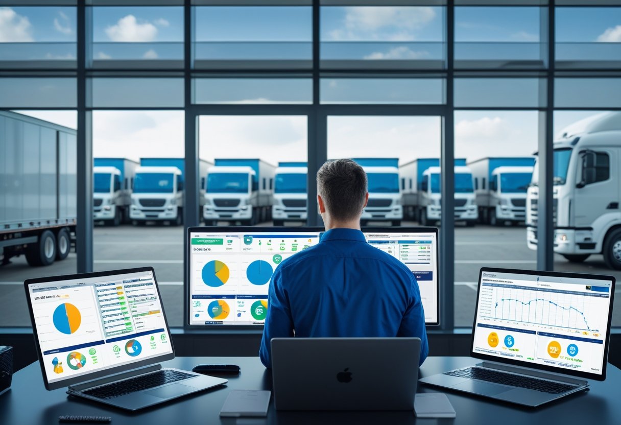 A fleet manager monitors vehicle diagnostics and GPS tracking on multiple screens in an office overlooking a fleet of trucks.