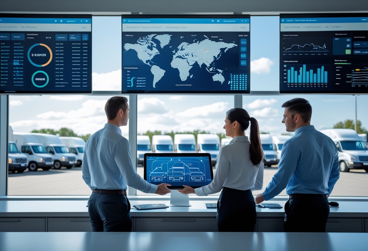 A team of professionals monitoring vehicle data on screens in a fleet management control room with trucks parked outside.