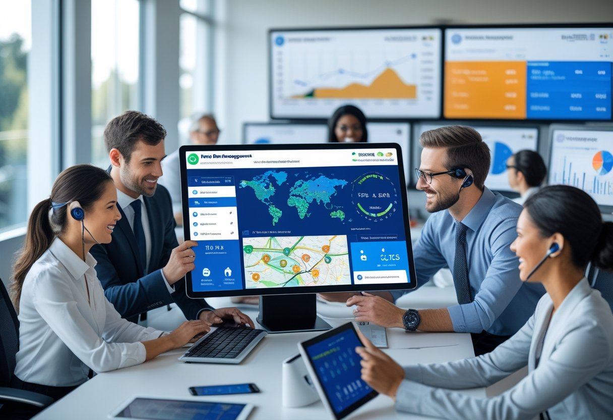 A group of professionals collaborating around a digital touchscreen displaying maps and vehicle data in a modern office.
