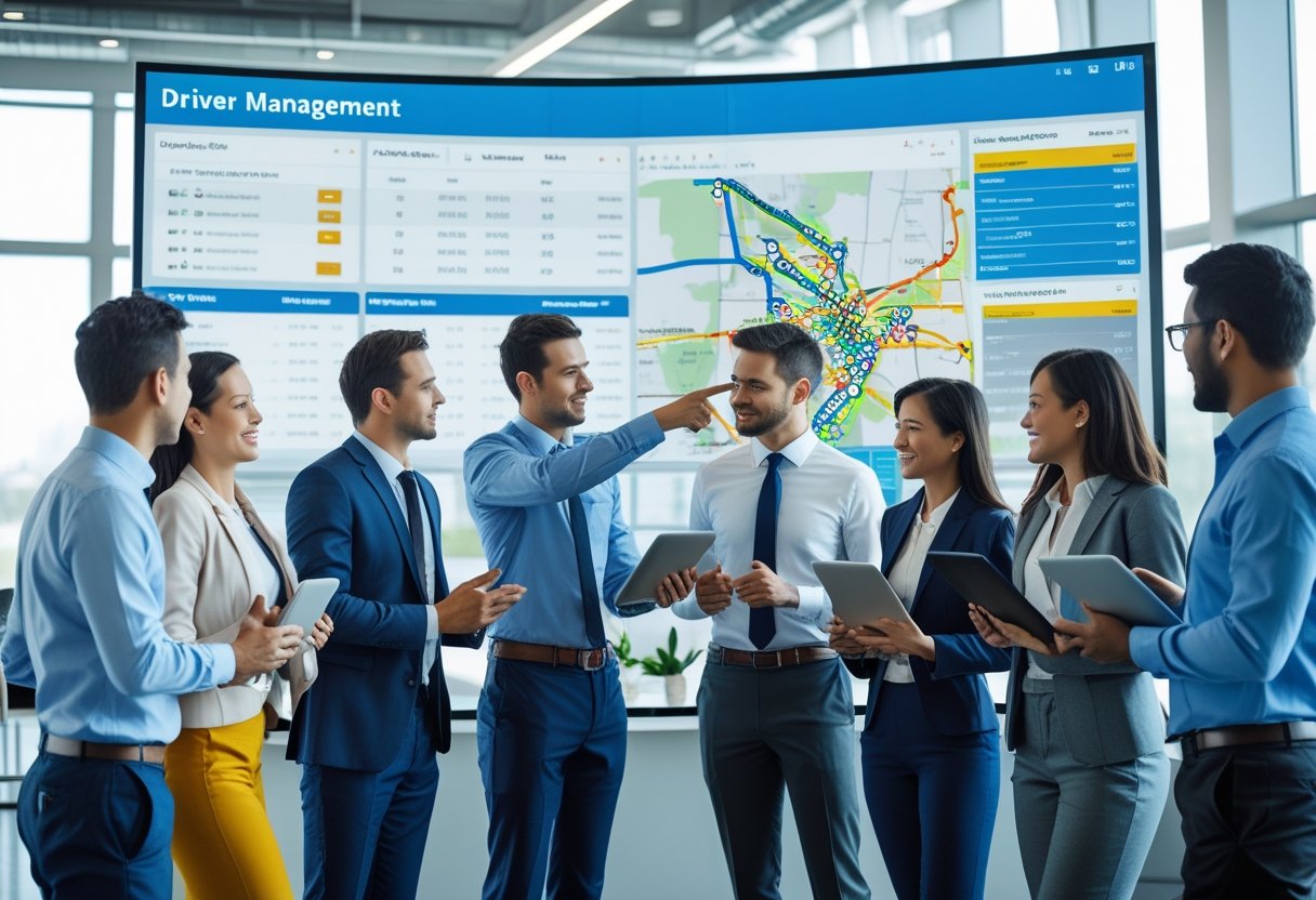 A group of business professionals discussing driver routes and performance data displayed on digital screens in a modern office.