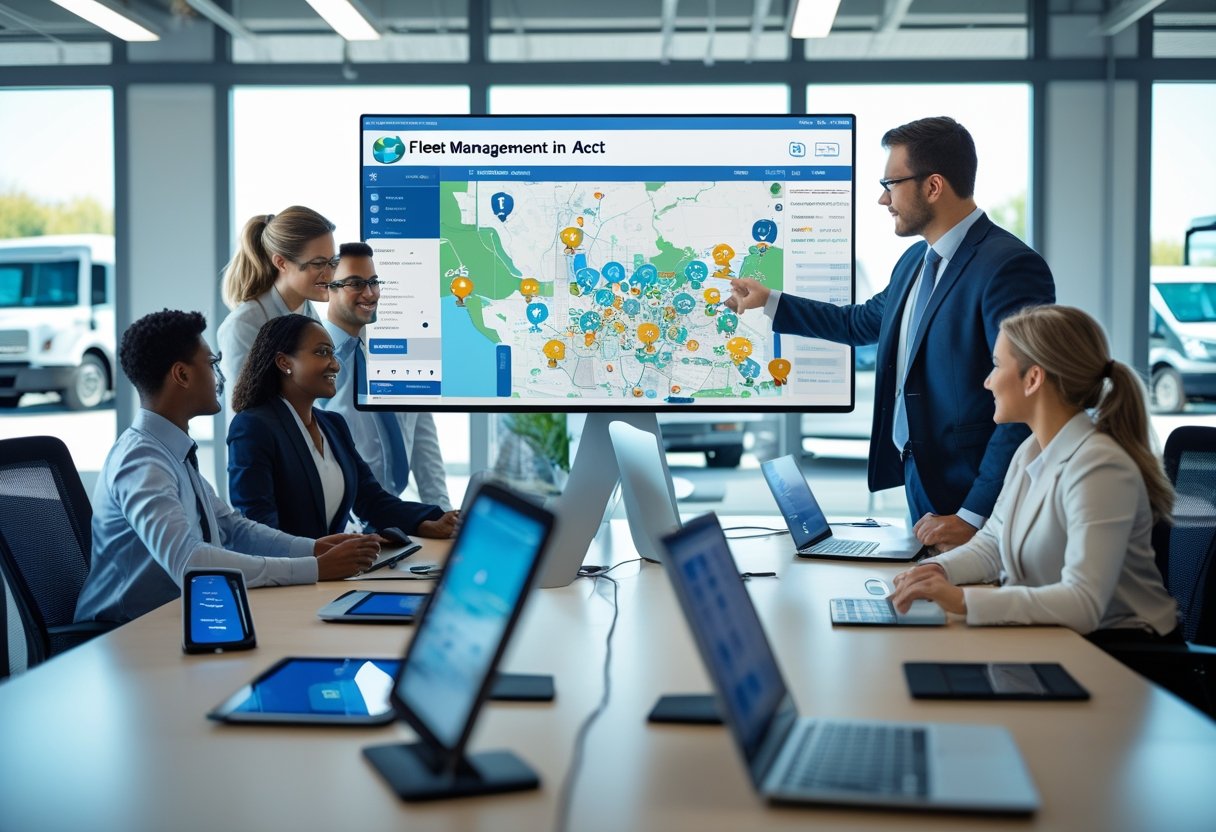 A team of professionals in an office reviewing a digital map with vehicle locations, managing a fleet of trucks and vans visible outside the window.