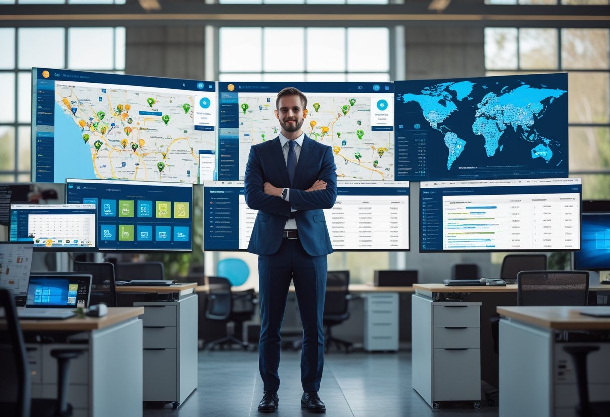 A businessperson in an office monitoring multiple screens showing maps and vehicle locations to manage a fleet.