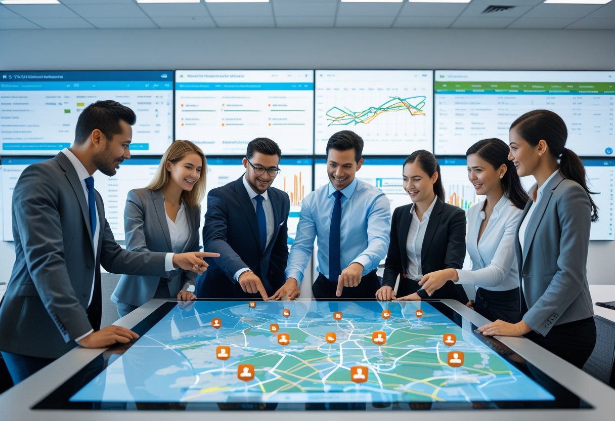 A team of professionals in an office using a digital touchscreen table and monitors to manage and plan vehicle fleet routes.