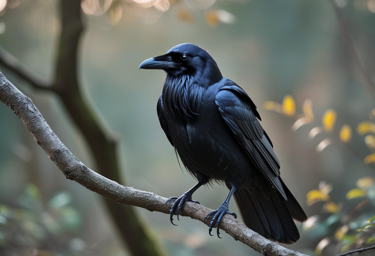A black raven perched on a branch with a blurred forest background.