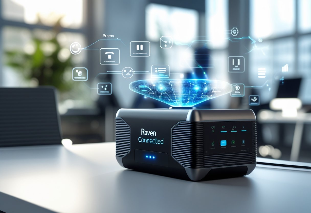 A sleek black smart device with glowing blue lights on a desk displaying floating digital interface elements in a modern office setting.