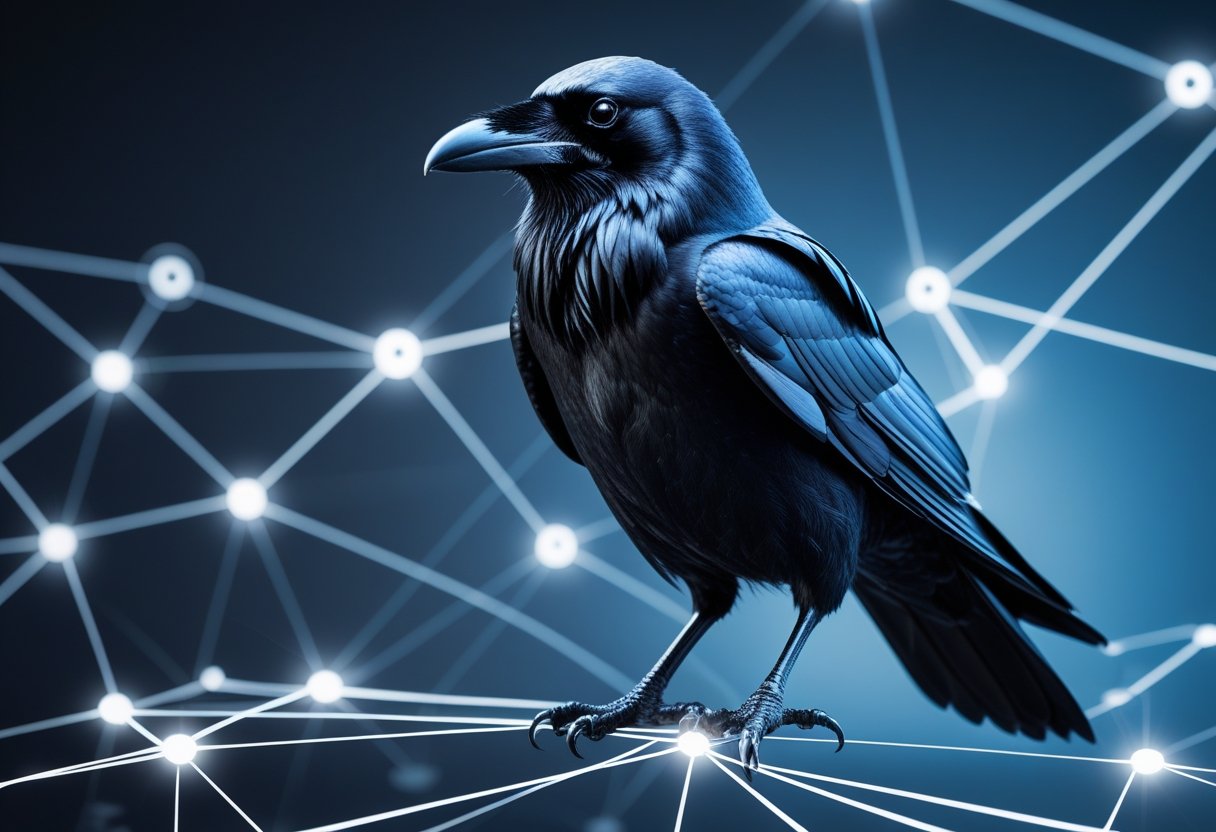 A black raven perched on glowing digital network lines and nodes against a dark blue background.