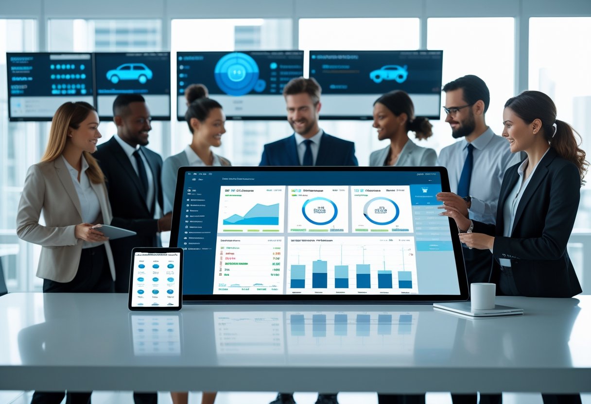 A team of professionals working together around a digital touchscreen table showing vehicle data and maps in a bright office.