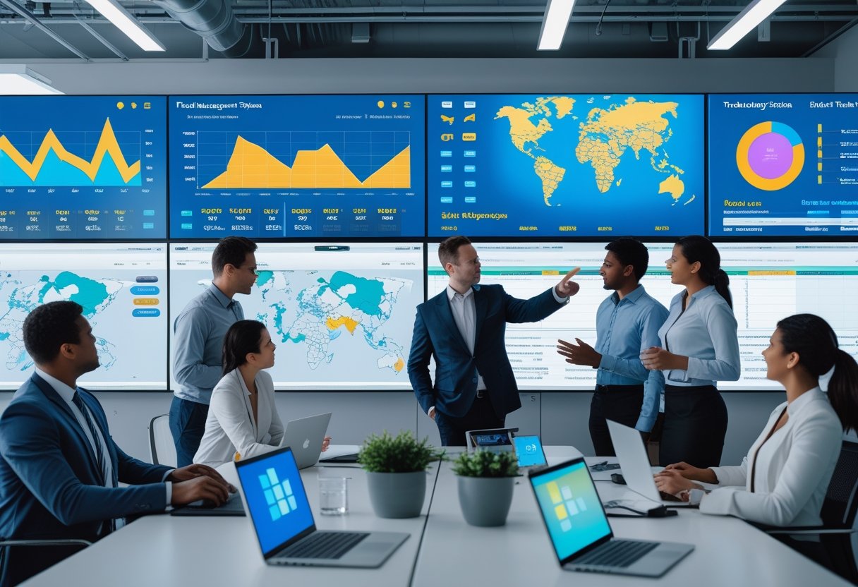 A team of professionals in an office reviewing digital screens showing vehicle routes and data for managing a fleet of vehicles.