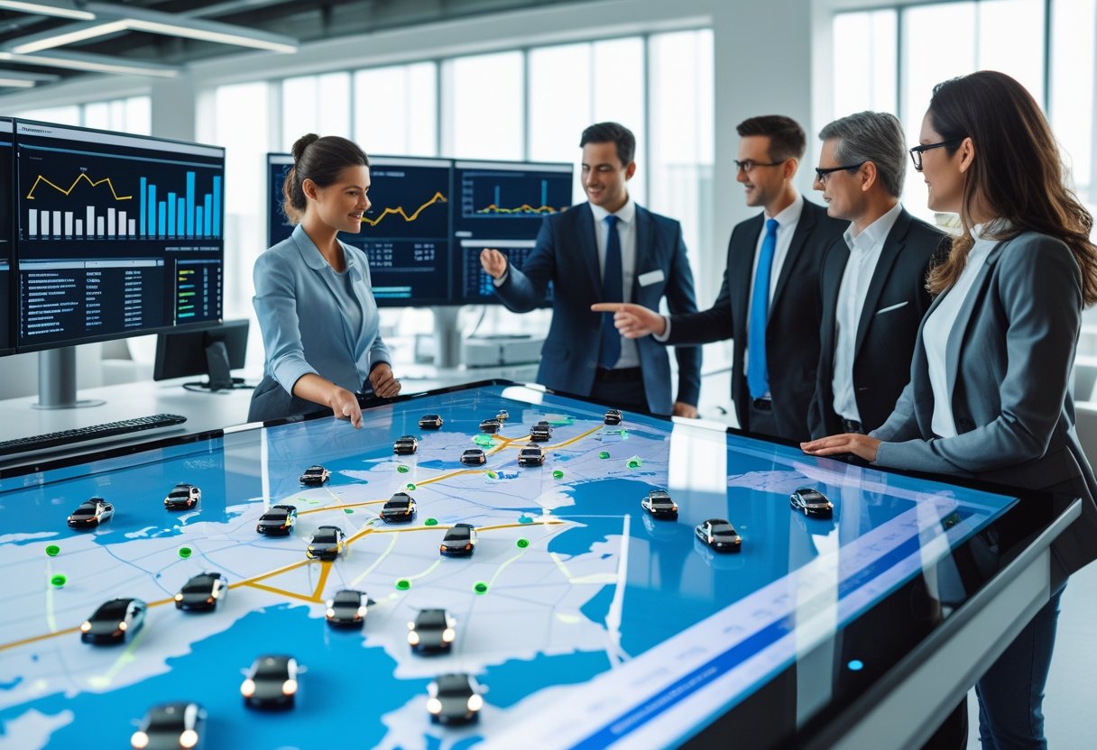 A team of professionals in an office reviewing a digital map with vehicle routes and data on screens, discussing fleet management.