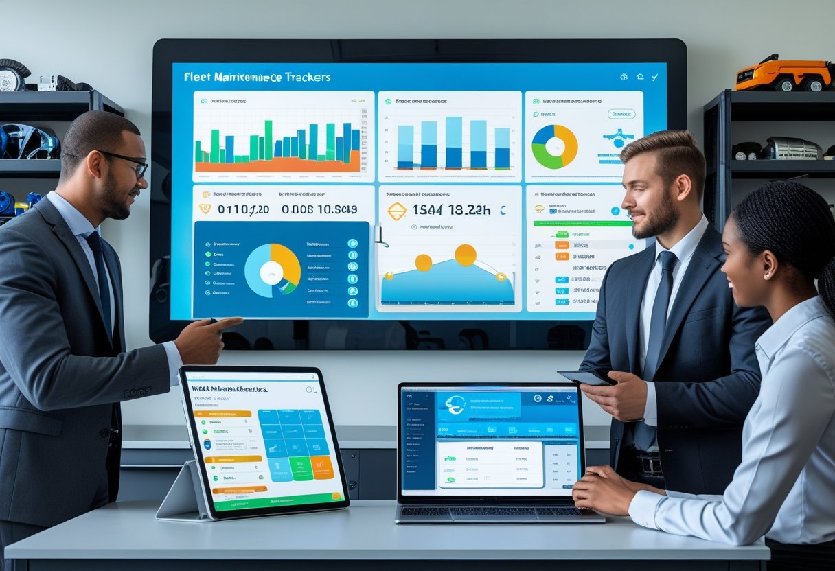 A team of professionals in an office reviewing digital dashboards and devices showing vehicle maintenance data and schedules.